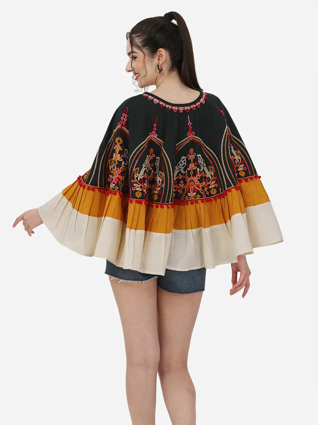 Sparrow Motif Embroidred Deep Green Circular women  Poncho