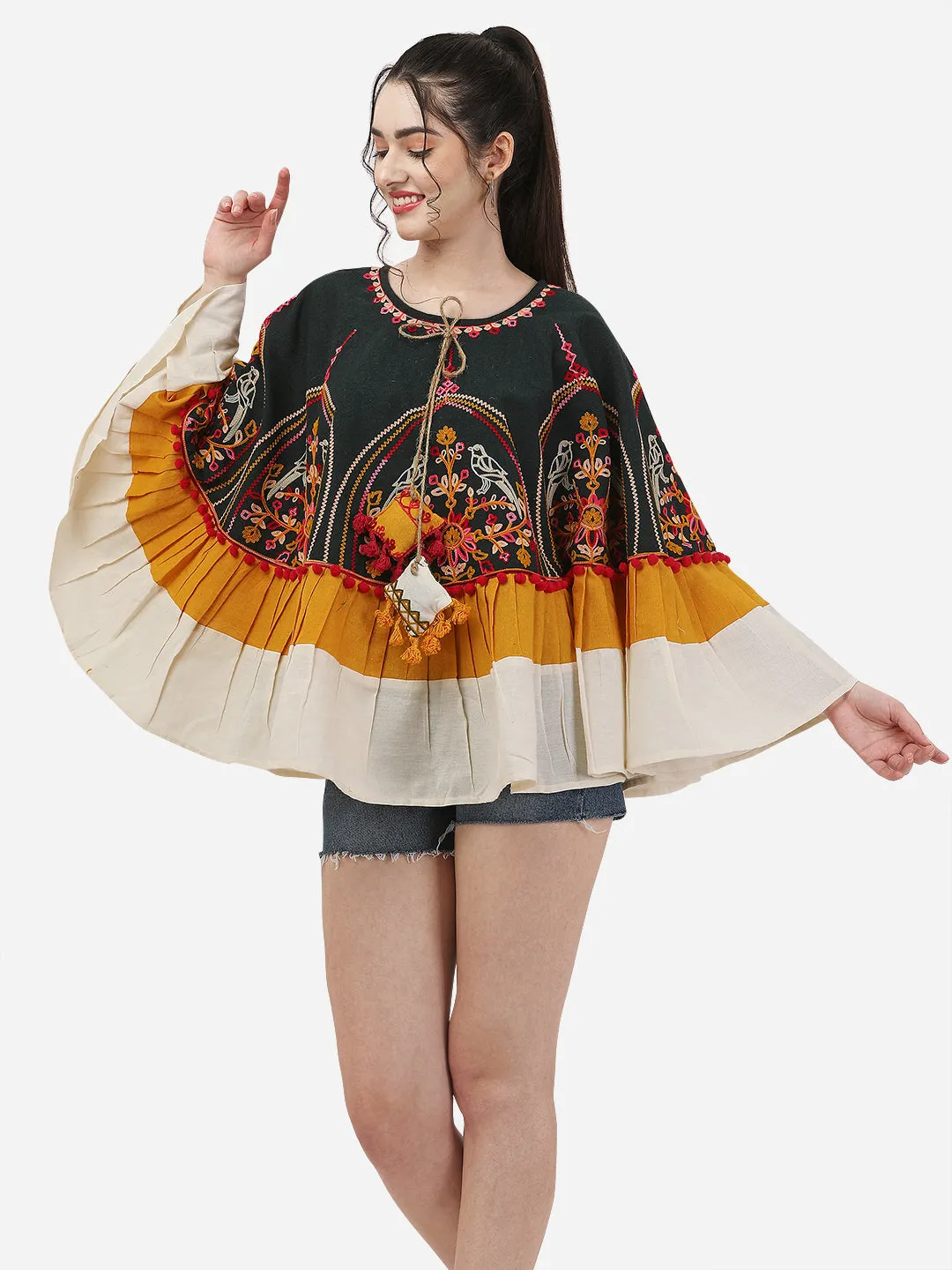 Sparrow Motif Embroidred Deep Green Circular women  Poncho