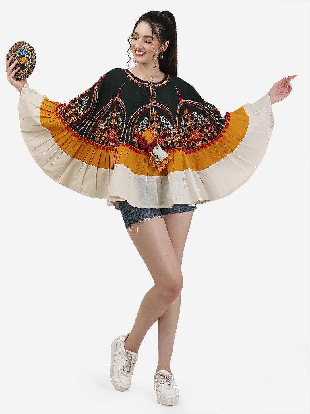 Sparrow Motif Embroidred Deep Green Circular women  Poncho