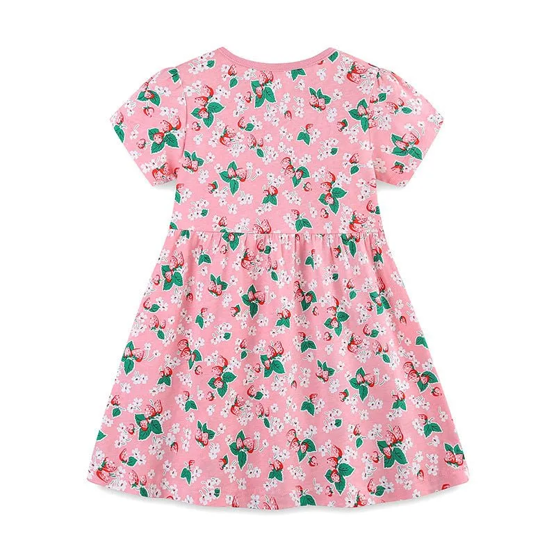 Toddler/Kid Girl's Strawberry Print with Floral Design Pink Dress