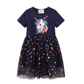 Toddler/Kid Girl's Unicorn Print Short Sleeve Black Dress