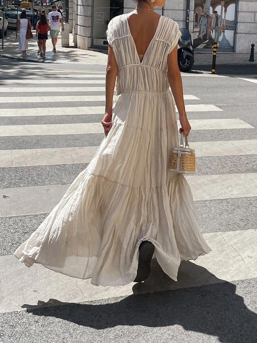 V Neck Sleeveless Pleated Maxi Dress