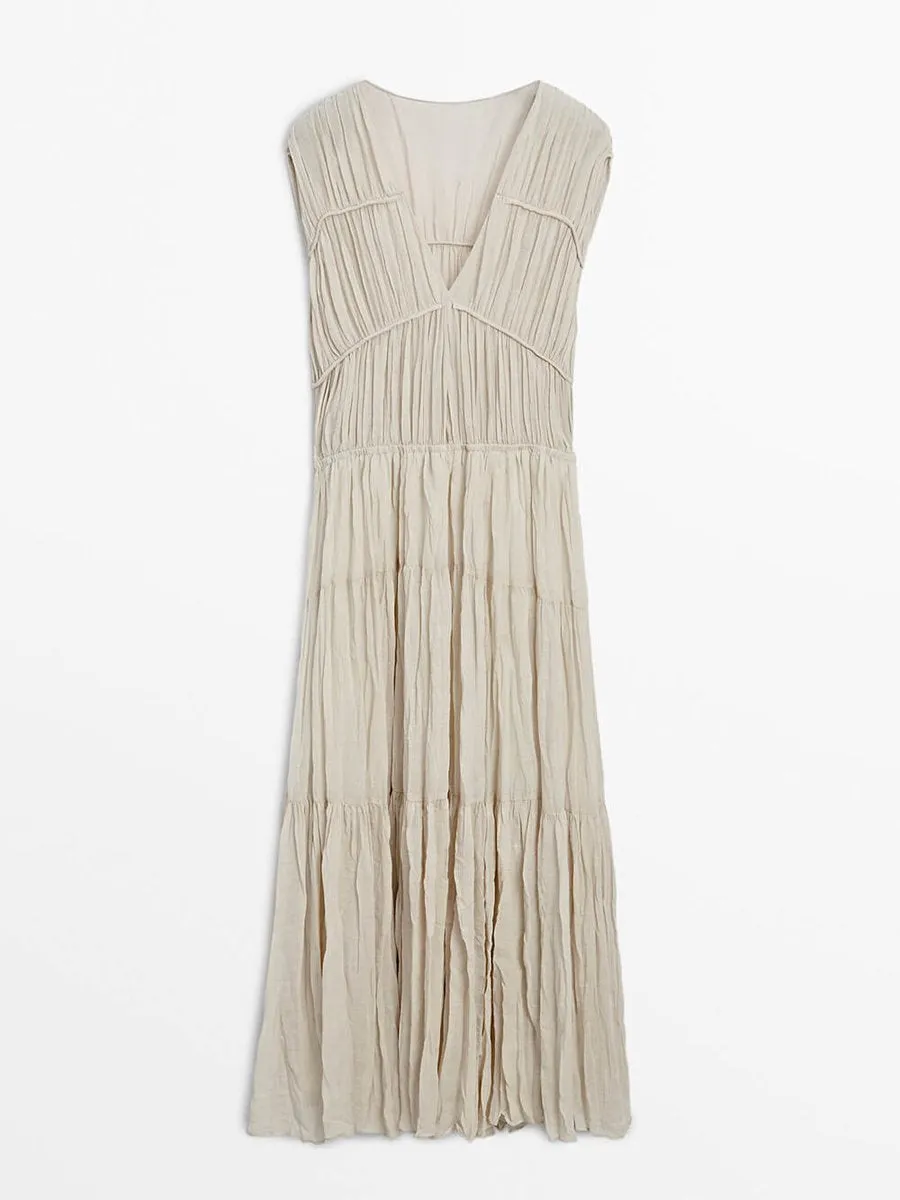 V Neck Sleeveless Pleated Maxi Dress