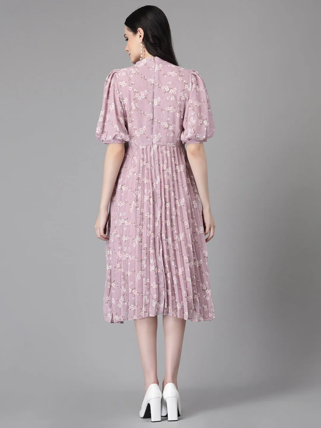 Women Mauve Round Neck Layered Printed Dress