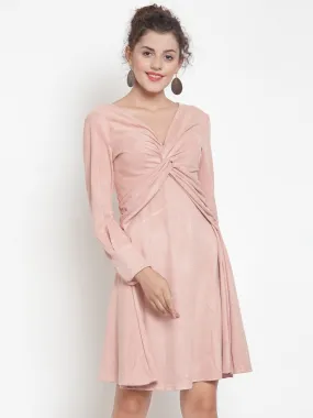 Women Solid Pink Front Twisted Knot V-Neck Dress