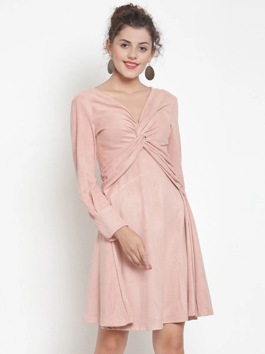 Women Solid Pink Front Twisted Knot V-Neck Dress