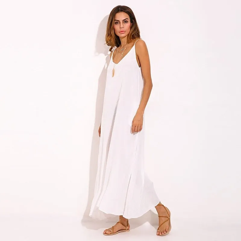 Women Strapless V Neck Long White Plain Maxi Dress