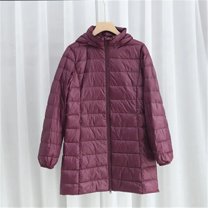 Women's Plus Size Down Puffer Jacket Detachable Hood Light Thin White Duck Down Winter Jacket Long Warm Puffer Outerwear