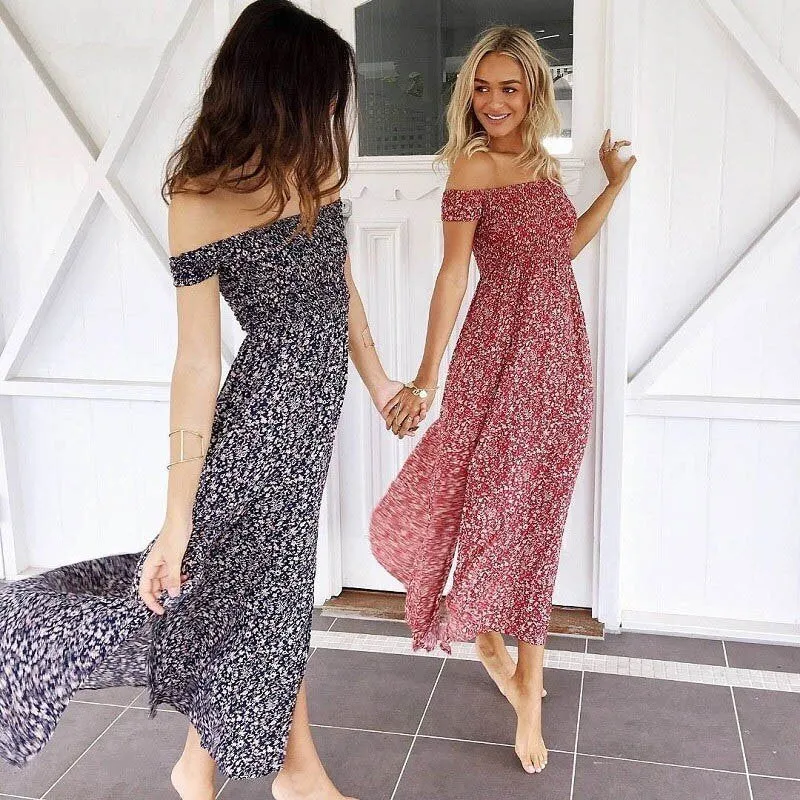 Women's Summer Pleated Floral Off Shoulder Dress