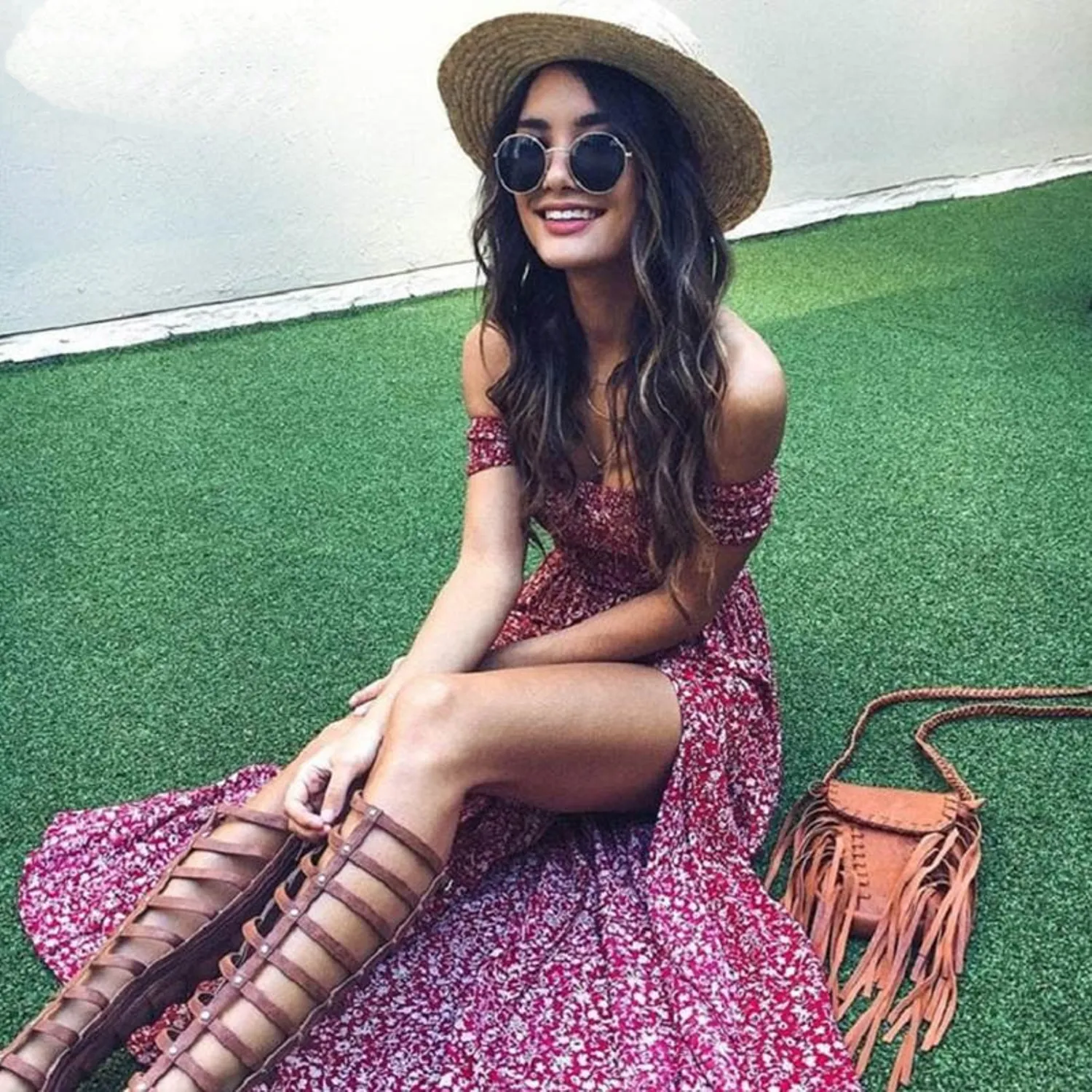 Women's Summer Pleated Floral Off Shoulder Dress