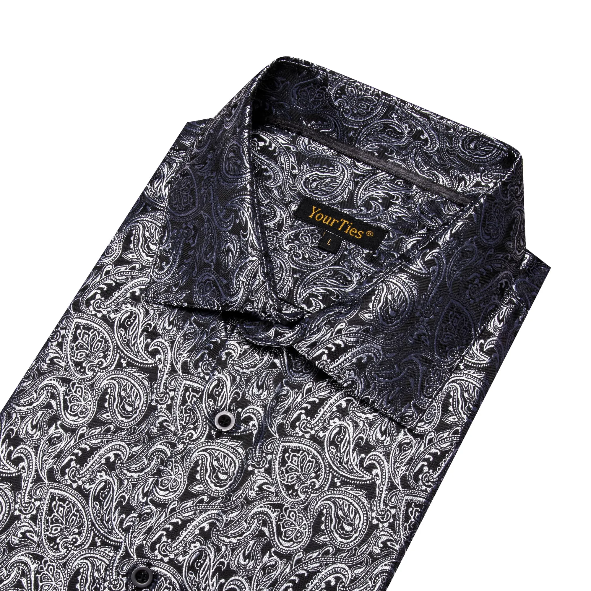 YourTies Long Sleeve Shirts Black Top Silver Jacquard Paisley Shirt