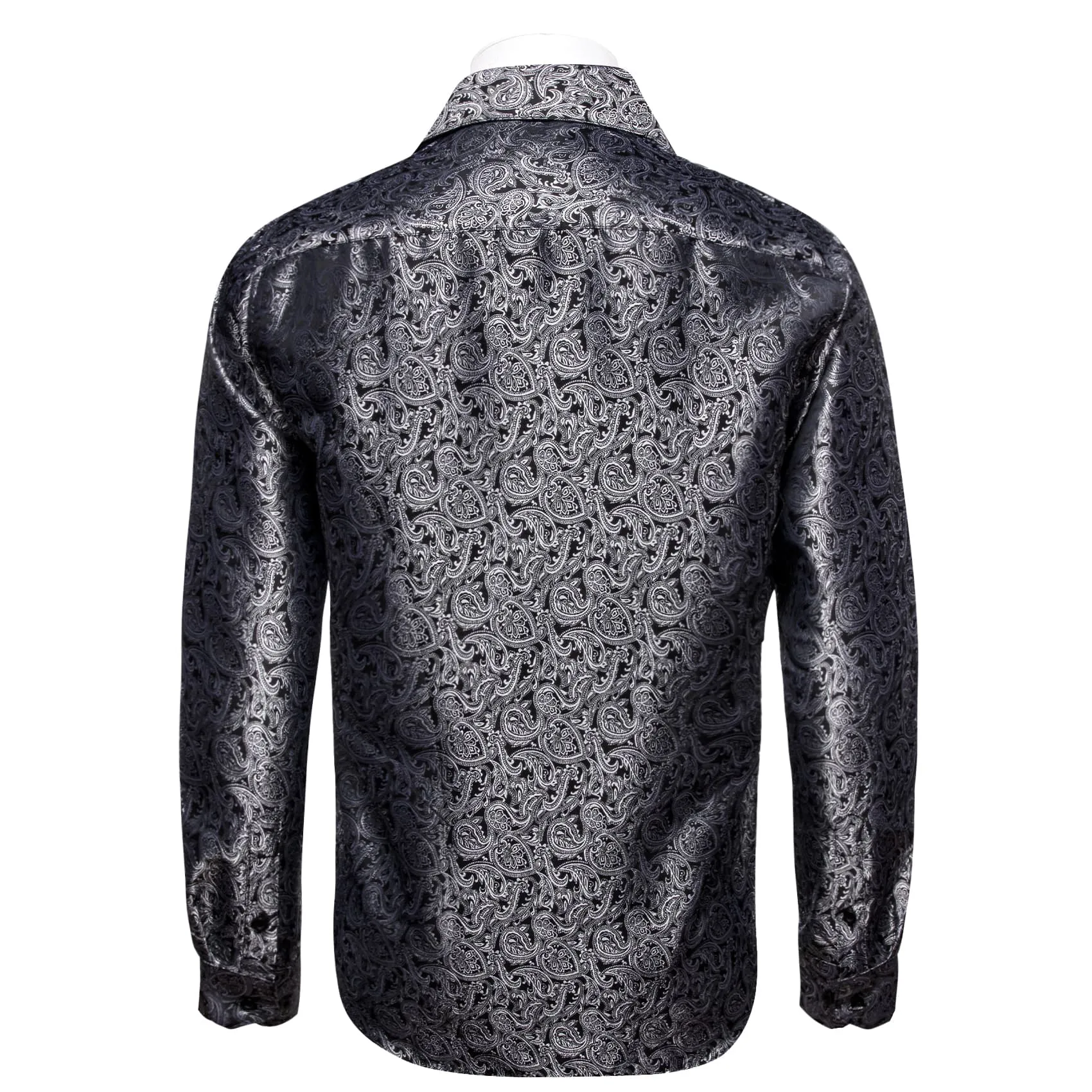 YourTies Long Sleeve Shirts Black Top Silver Jacquard Paisley Shirt