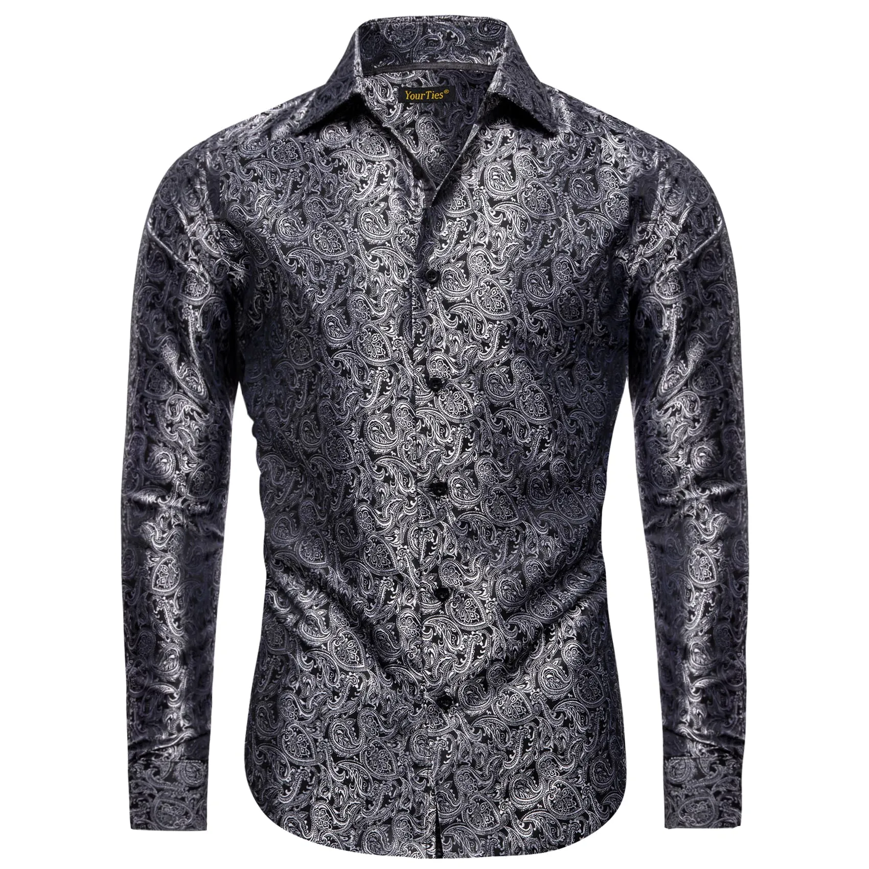 YourTies Long Sleeve Shirts Black Top Silver Jacquard Paisley Shirt