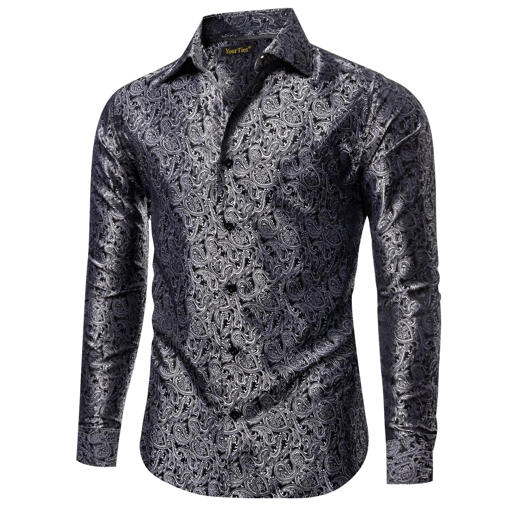YourTies Long Sleeve Shirts Black Top Silver Jacquard Paisley Shirt