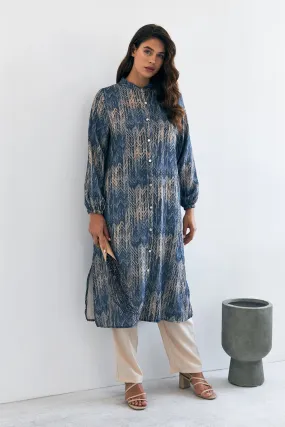 ZRF Women Patterned Long Tunic Pants Suit - Indigo - Tlalixcoyan
