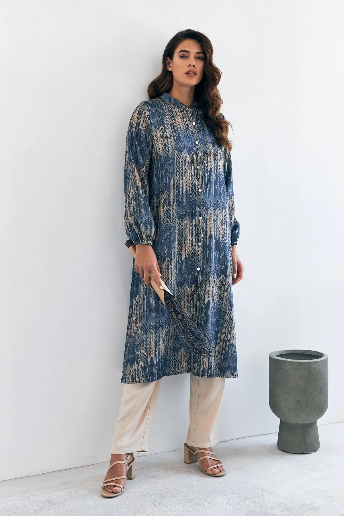 ZRF Women Patterned Long Tunic Pants Suit - Indigo - Tlalixcoyan