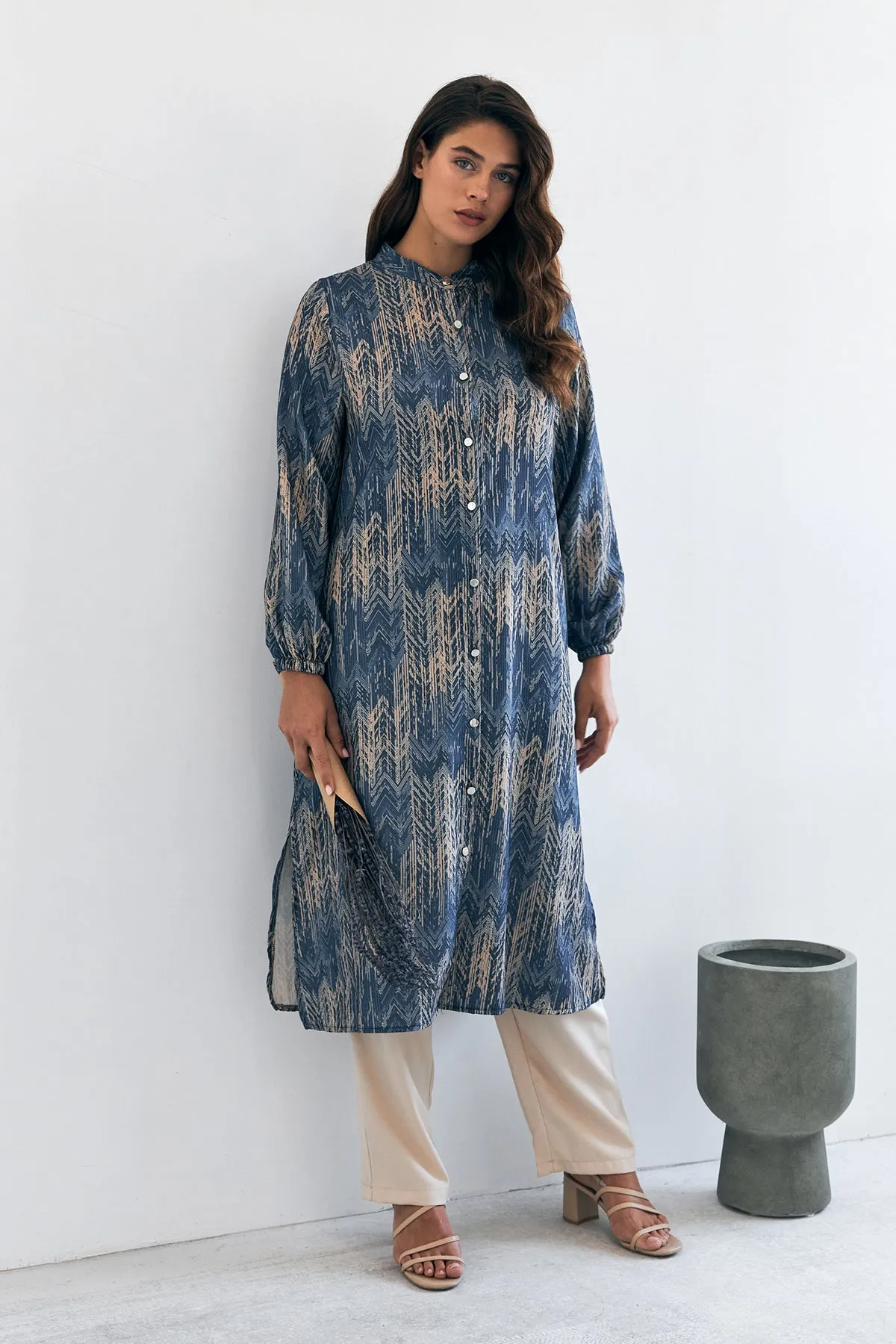 ZRF Women Patterned Long Tunic Pants Suit - Indigo - Tlalixcoyan
