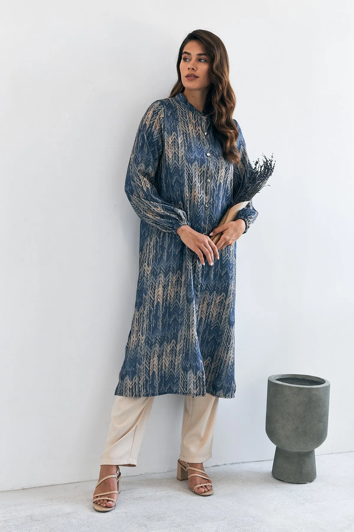 ZRF Women Patterned Long Tunic Pants Suit - Indigo - Tlalixcoyan